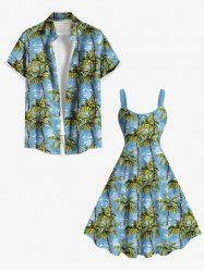 Ensemble de plage hawaïen assorti grande taille à imprimé mer et cocotiers pour couples - Bleu Ciel 