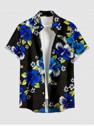 Chemise hawaïenne à imprimé de fleurs d'hibiscus et de feuilles, grande taille, avec poche boutonnée, pour homme - Noir M