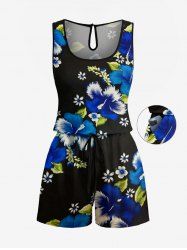 Plus Size Hibiscus Flower Leaf Print Hawaii Drawstring Pocket Romper -  