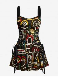 Robe trapèze à lacets et imprimé graphique amusant, style hawaïen - Noir S