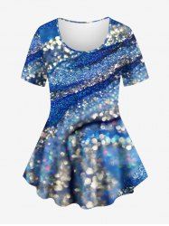 Plus Size Glitter Sparkling Ombre Sequins Striped Colorblock Print Short Sleeves T-shirt -  