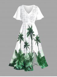 Plus Size Coconut Tree Flower Geometric Graphic Print Hawaii Split Pocket A Line Midi Dress -  
