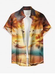 Plus Size Coconut Tree Sunset Ombre Dusk Sea Print Hawaii Button Pocket Shirt For Men -  