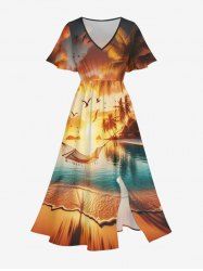 Robe midi trapèze grande taille imprimée coucher de soleil ombré cocotier et mer du crépuscule, style hawaïen, avec poches fendues - Brun Légère 6X