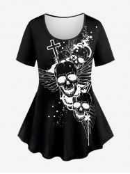 Plus Size Skulls Wing Cross Painting Splatter Print Short Sleeves T-shirt -  