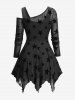 Star Flocking Mesh Asymmetrical Neck Long Sleeves Top and Floral Cross Flare Pants Plus Size Outfit -  