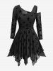 Star Flocking Mesh Asymmetrical Neck Long Sleeves Top and Floral Cross Flare Pants Plus Size Outfit -  