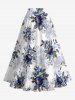 Solid Cinched Top and Flower Leaf Print Hawaii Split A Line Skirt Plus Size Matching Set -  