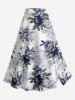 Solid Cinched Top and Flower Leaf Print Hawaii Split A Line Skirt Plus Size Matching Set -  