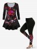 Plus Size Glitter Rose Flower Leaf Print T-shirt -  