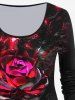 Plus Size Glitter Rose Flower Leaf Print T-shirt -  