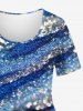 T-shirt à manches courtes grande taille à paillettes, sequins ombrés et imprimé colorblock rayé - Bleu L