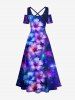 Plus Size Hibiscus Flowers Galaxy Print Cold Shoulder Crisscross Hawaii Maxi Dress -  
