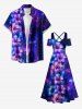 Plus Size Hibiscus Flowers Galaxy Print Cold Shoulder Crisscross Hawaii Maxi Dress -  
