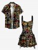 Robe trapèze à lacets et imprimé graphique amusant, style hawaïen - Noir S