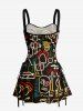 Robe trapèze à lacets et imprimé graphique amusant, style hawaïen - Noir S
