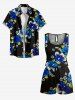 Plus Size Hibiscus Flower Leaf Print Hawaii Drawstring Pocket Romper -  