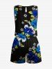 Plus Size Hibiscus Flower Leaf Print Hawaii Drawstring Pocket Romper -  
