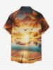 Plus Size Coconut Tree Sunset Ombre Dusk Sea Print Hawaii Button Pocket Shirt For Men -  