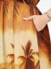 Robe midi trapèze grande taille imprimée coucher de soleil ombré cocotier et mer du crépuscule, style hawaïen, avec poches fendues - Brun Légère 3X