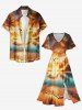 Robe midi trapèze grande taille imprimée coucher de soleil ombré cocotier et mer du crépuscule, style hawaïen, avec poches fendues - Brun Légère 3X