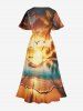 Robe midi trapèze grande taille imprimée coucher de soleil ombré cocotier et mer du crépuscule, style hawaïen, avec poches fendues - Brun Légère 4X