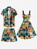Robe trapèze hawaïenne grande taille imprimée cocotiers, nuages et coucher de soleil ombré - Multi S