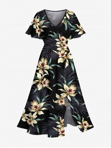Plus Size Flowers Leaf Print Split Hawaii Midi Dress - BLACK - S