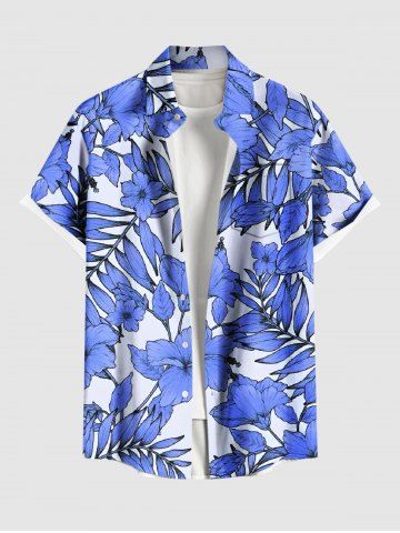 Chemise hawaïenne grande taille pour homme, à imprimé de fleurs d'hibiscus et de feuilles, avec boutons et poche. - BLUE - 2XL