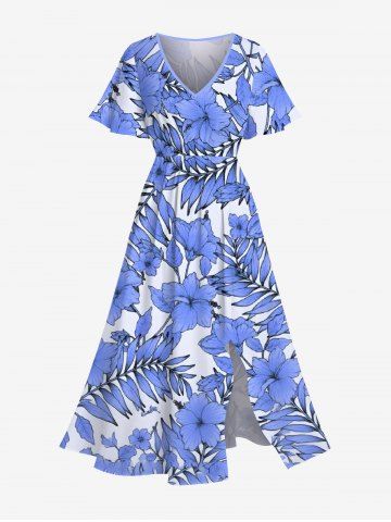 Plus Size Hibiscus Flower Leaf Print Split Hawaii Midi Dress - BLUE - XXS