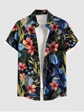 Chemise hawaïenne grande taille à imprimé floral et feuilles, boutons et poche pour homme - BLACK - 6XL