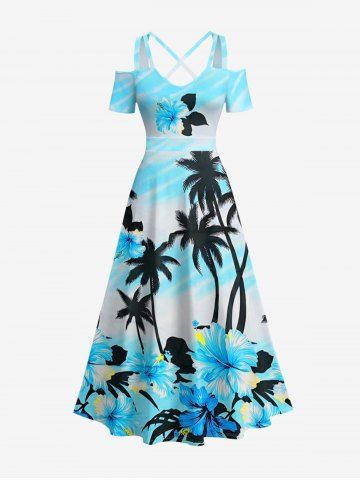 Robe longue hawaïenne grande taille à imprimé cocotiers et fleurs d'hibiscus, épaules dénudées et croisée - SKY BLUE - M