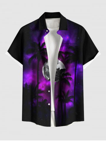 Chemise à boutons et poche pour homme, grande taille, imprimé cocotier, galaxie et lune - BLACK - 6XL