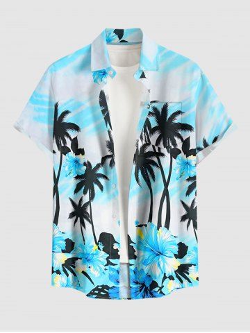 Chemise hawaïenne grande taille pour homme, imprimée de cocotiers et d'hibiscus, avec poches et boutons. - LIGHT BLUE - S