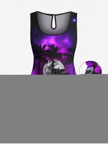 Plus Size Coconut Tree Galaxy Moon Print Cinched Hawaii Romper - BLACK - XS