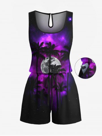 Combinaison hawaïenne grande taille à imprimé cocotier, galaxie et lune, cintrée - BLACK - 3X