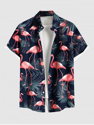 Chemise hawaïenne grande taille pour homme, à imprimé flamants roses et feuilles tropicales, avec boutons et poche. - BLACK - 3XL