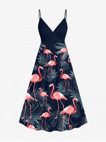 Robe à bretelles croisées à imprimé flamants roses et feuilles tropicales, style hawaïen, grande taille - NAVY BLUE - 3X