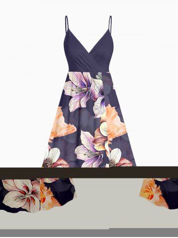 Plus Size Flower Leaf Print Hawaii Surplice A Line Cami Dress - CONCORD - XS