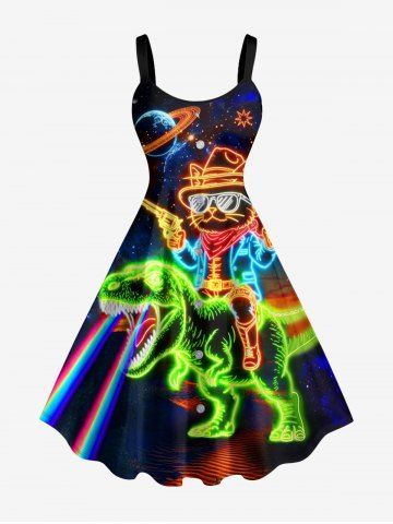 Robe trapèze hawaïenne à paillettes, imprimé dinosaure, chat, planète et galaxie, grande taille - BLACK - S