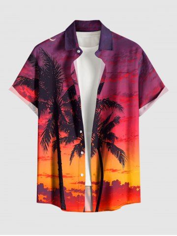 Plus Size Coconut Tree Ombre Dusk Print Hawaii Button Pocket Shirt For Men - ORANGE - S