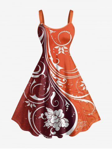 Plus Size Flower Butterfly Curve Print Hawaii A Line Dress - ORANGE - 3X