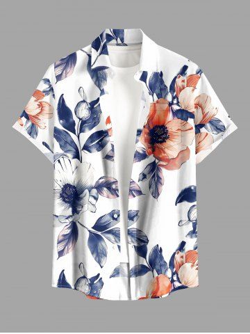 Plus Size Flower Leaf Print Hawaii Button Pocket Shirt For Men - WHITE - 5XL