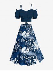 Flowers Leaf Tropical Print Plus Size Hawaii Matching Set -  