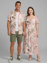 Flowers Leaf Print Plus Size Matching Hawaii Beach Outfit For Couples -  