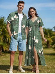 Flower Leaf Plant Print Plus Size Matching Hawaii Beach Outfit For Couples -  