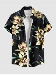 Chemise hawaïenne grande taille à imprimé floral et feuilles, boutons et poche pour homme - Noir 2XL