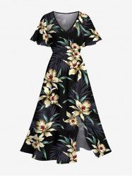 Robe mi-longue hawaïenne fendue à imprimé floral et feuilles grande taille - Noir S