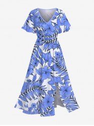 Robe mi-longue hawaïenne fendue à imprimé de fleurs d'hibiscus et de feuilles, grande taille - Bleu L