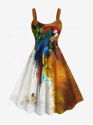 Plus Size Parrot Painting Splatter Colorblock Print Hawaii Tank Dress -  